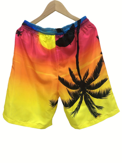 Quick Drying Comfortable Breathable Gradient Palm Tree At Dawn Seaside Drawstring Swim Trunks, Men's Board Shorts Swimwear For Summer Vacation Resort Beach Pool
