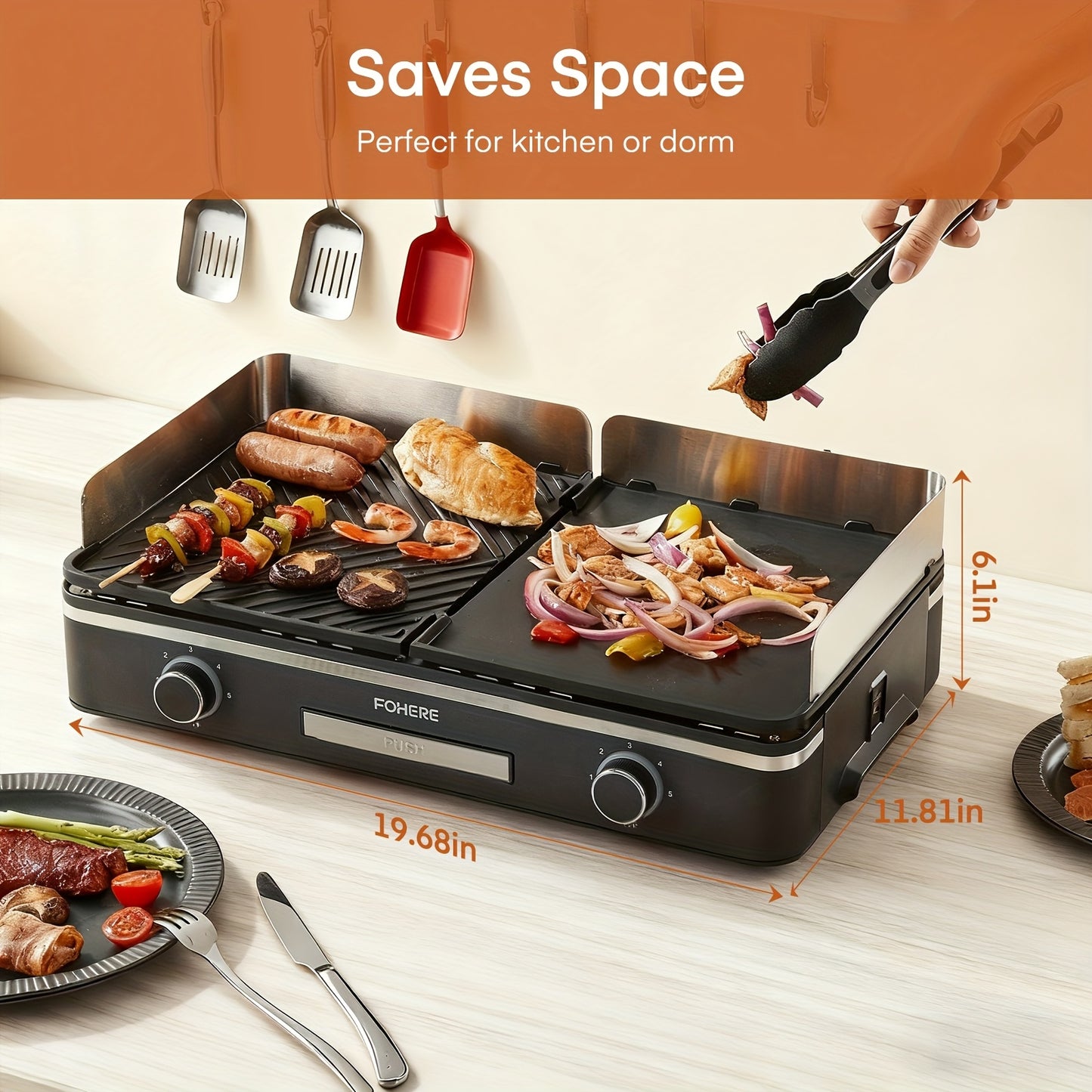 2400W Electric Indoor Grill Griddle with Large 25x30cm Nonstick Plates, 2-Zone Adjustable Temperature Control, Pancake & Egg Maker, Drip Tray & Indicator Light - Stainless Steel Portable Flat Top Grill for Kitchen, Camping, R