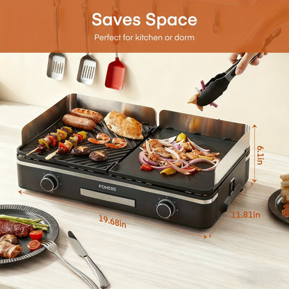 2400W Electric Indoor Grill Griddle with Large 25x30cm Nonstick Plates, 2-Zone Adjustable Temperature Control, Pancake & Egg Maker, Drip Tray & Indicator Light - Stainless Steel Portable Flat Top Grill for Kitchen, Camping, R