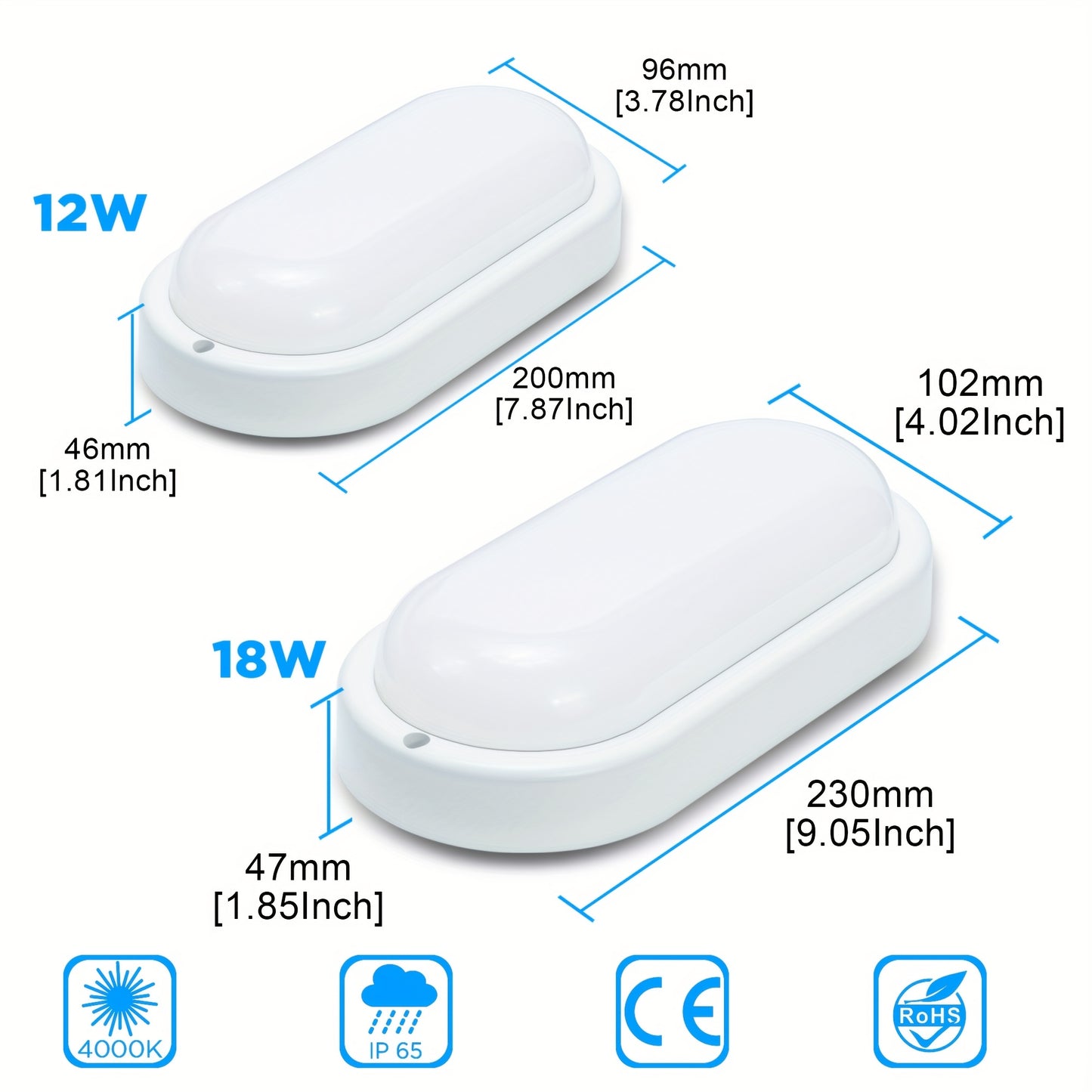2-Pack LED Moisture-Proof Ceiling Lights, 12W/18W, 1080/1710 Lumens, 4000K, Semi-Flush Mount, Plastic, Powder Coated Finish, Hard-Wired, 220-240V, for Basement, Hallway, Balcony, Staircase - Modern Style, No Accessories Inclu