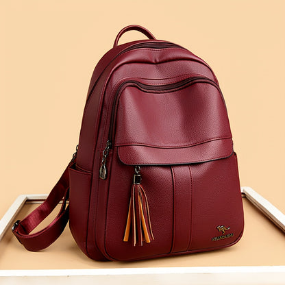 Women's 2025 New Style Synthetic Backpack with Tassel Charm - Glossy Black Soft Shell Travel Backpack, Detachable Adjustable Shoulder Straps & Zipper Closure, Spacious Laptop Compartment & Practical Pockets for Work, School,