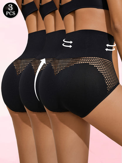 3pcs High-Waist Tummy Control Panties for Women - Breathable Mesh, Butt Lifting, Body Shaper Briefs with Solid Color Design and Breathable Mesh Details