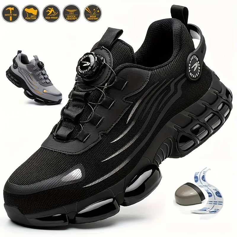 Men's Steel Toe & Puncture-Proof Work Boots - Breathable, Non-Slip Lace-Up Protective shoes with Rotary Buckle, Durable for Outdoor Activities, Black & Gray Mesh Upper, Steel Toe Shoes