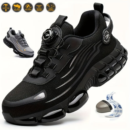 Men's Steel Toe & Puncture-Proof Work Boots - Breathable, Non-Slip Lace-Up Protective shoes with Rotary Buckle, Durable for Outdoor Activities, Black & Gray Mesh Upper, Steel Toe Shoes