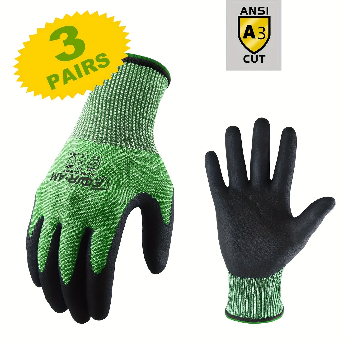 3 Pairs of Level 3 Cut-Resistant Work Gloves with Firm Non-Slip Grip, Durable & Breathable Nitrile Foam Coating, and Touchscreen Compatible 3D-Comfort Fit