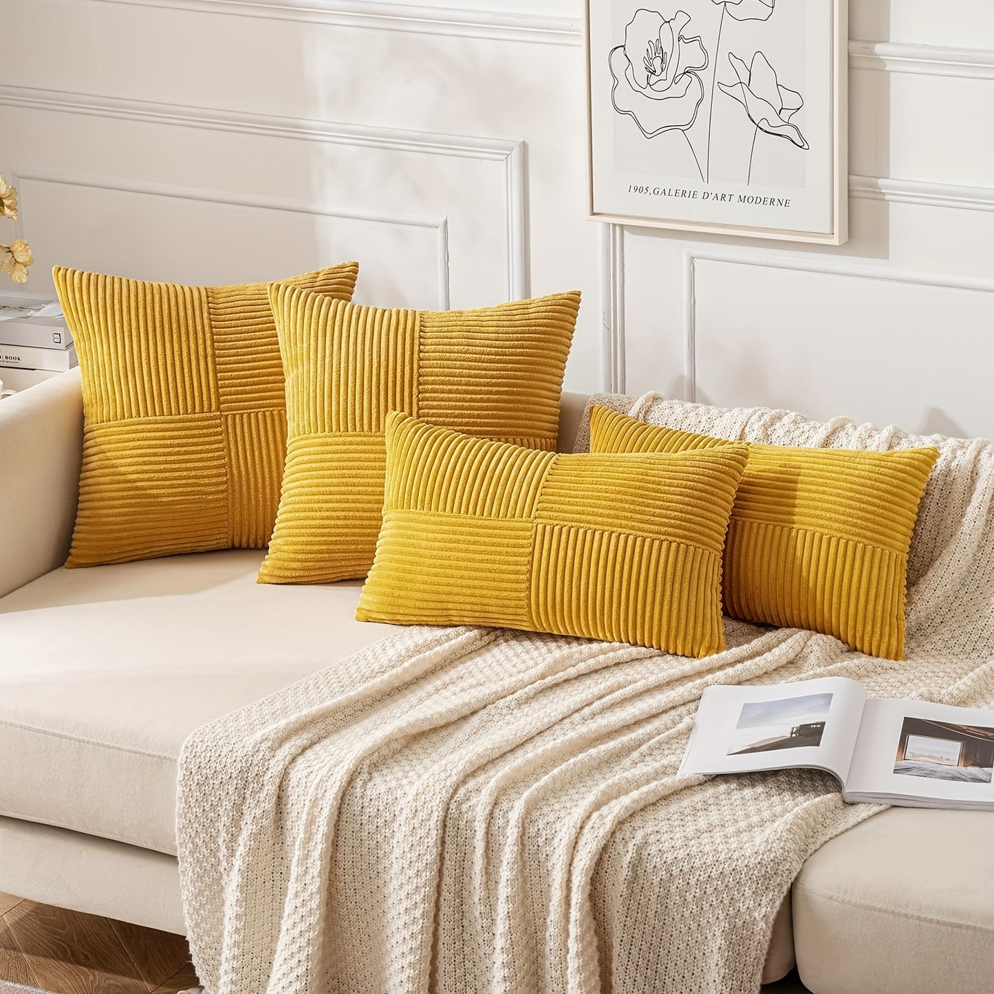 Conjunto de 4 almofadas sortidas (2 quadradas + 2 retangulares) com enchimento, superfície lisa, almofadas às riscas em bombazine resistentes ao desgaste, ideais para decorar sofás, quartos, salas e varandas.