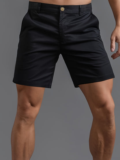 5pcs Men'S Fashion Solid Color Shorts, Woven, Simple, Straight Leg, Five-Inch, Versatile, Business Style, Street, Versatile, Beach Vacation, Travel, Outdoor, Casual, Sports, Zipper, Resin, Button, Half, Elastic, Belt, Casual