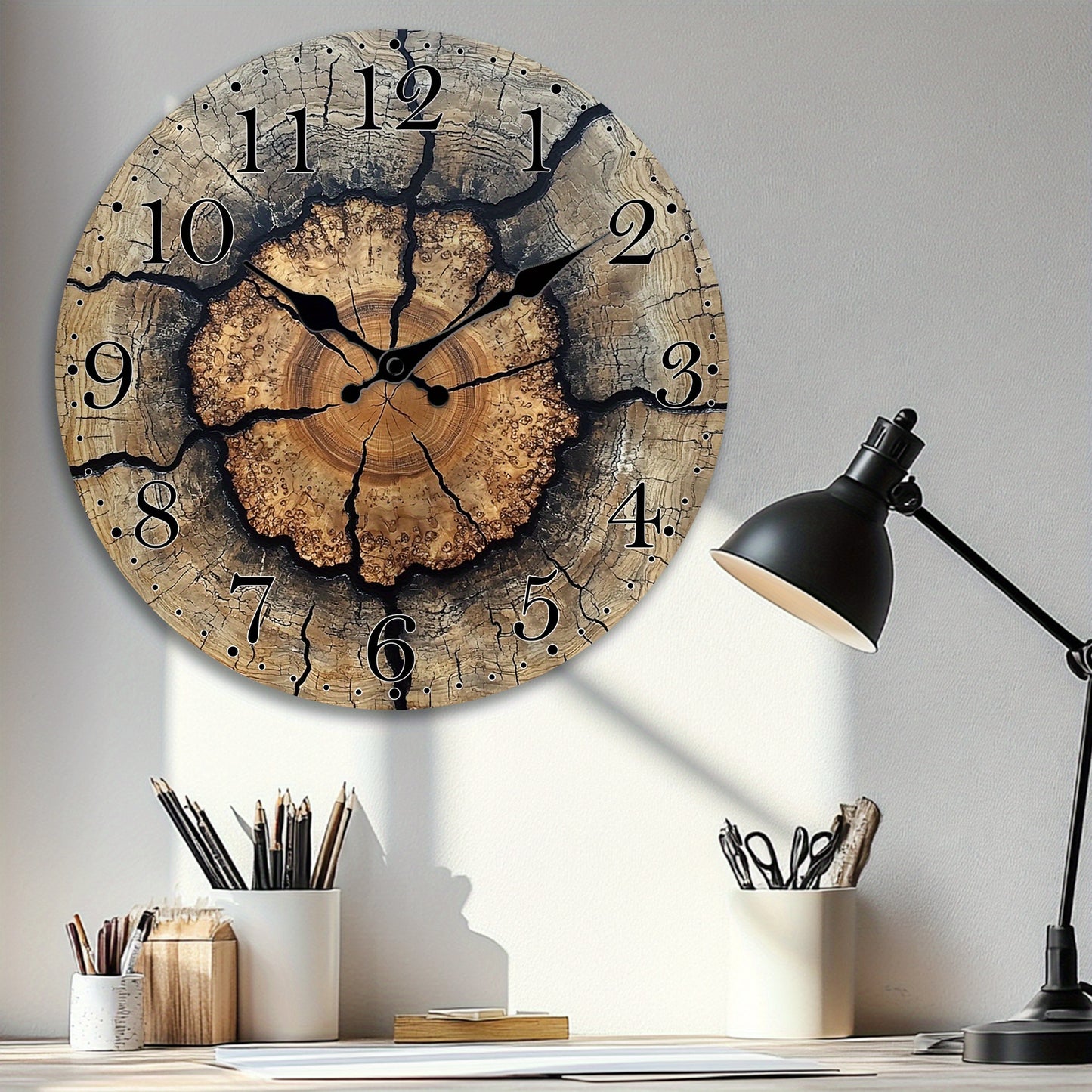 1pc Fantasy Style Analog Wall Clock, Tree Stump Pattern Non-Ticking Clock, Suitable for Living Room, Bedroom, Dining Room Wall Decoration, Ideal Birthday, Easter, New Year Gift, AA Battery Powered (Not Included)