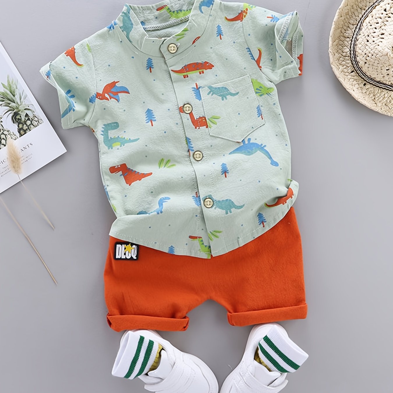 2pcs Baby Boys Dinosaur Print Button Short Sleeve Shirt Top & Elastic Waist Shorts Set Toddler Summer Clothes For Daily & Outdoor Wear