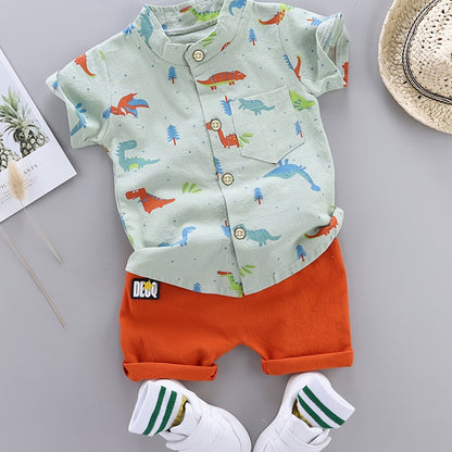 2pcs Baby Boys Dinosaur Print Button Short Sleeve Shirt Top & Elastic Waist Shorts Set Toddler Summer Clothes For Daily & Outdoor Wear
