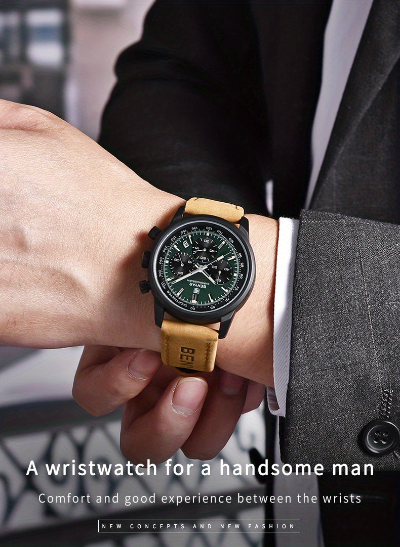 Relógio BENYAR para homem, marca de alta qualidade, desportivo, multifunções, cronógrafo, quartzo, preto, elegante, com calendário e bracelete em pele.