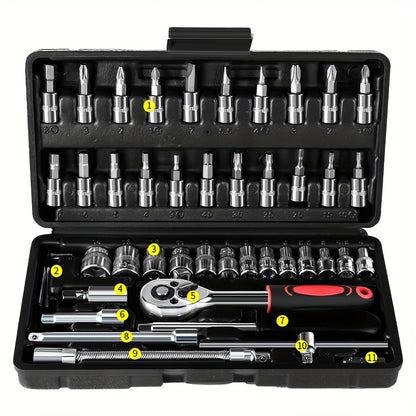 46pcs 2.54/10.16 Cm Drive Socket Ratchet Wrench Set, With Bit Socket Set, Metric And Extension Bar For Auto Repairing And Household, With Storage Case