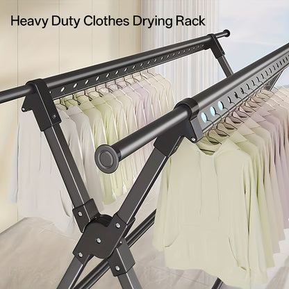 90-Inch Heavy Duty Stainless Steel Clothes Drying Rack with Windproof Hooks, Adjustable Length & 2-Tier Space-Saving Design - Freestanding Telescopic Laundry Rack for Indoor/Outdoor Use, Foldable with Sturdy Base & Top Shelf,