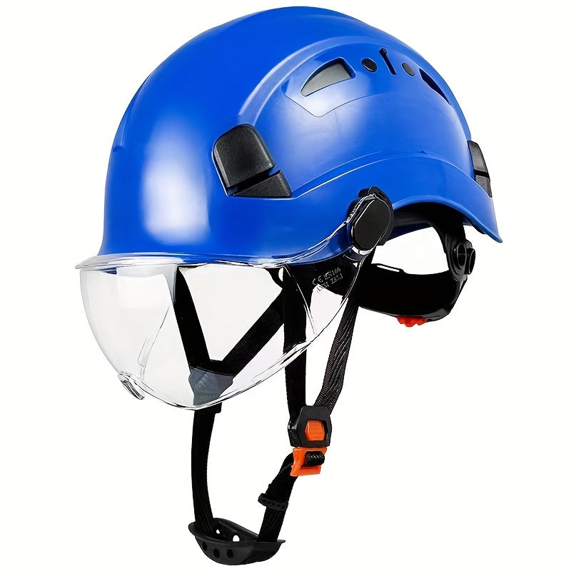 Capacete de segurança ajustável com viseira integrada - Plástico ABS durável, design ergonómico para utilização na construção civil e indústria, branco, equipamento de segurança para a construção, acabamento brilhante elegante, tiras de ajuste seguro.