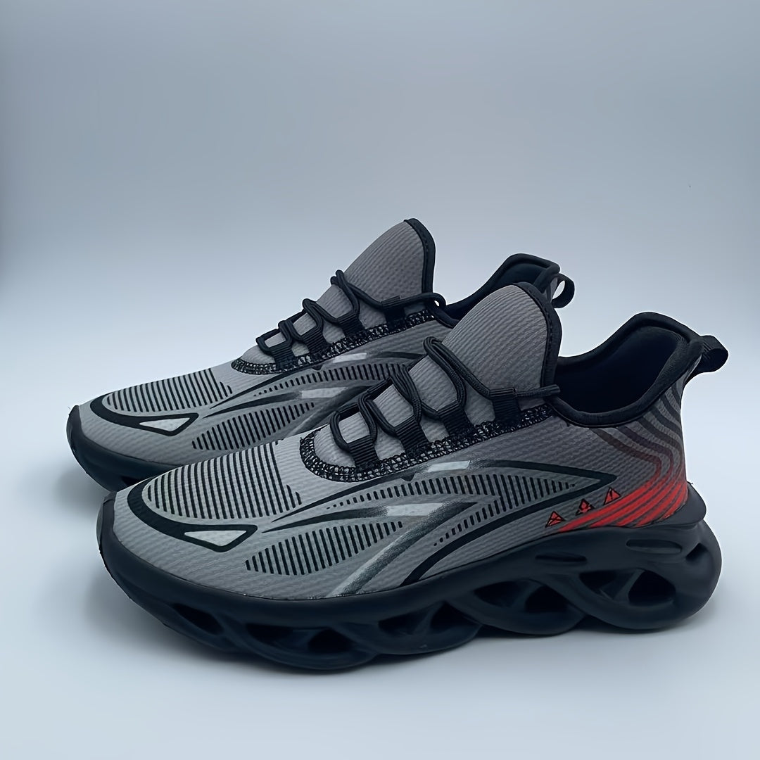 Sapatilhas de corrida para homem em malha respirável - Leve, com absorção de impacto, sola MD durável, sapatilhas desportivas de cano baixo para desportos ao ar livre, caminhadas e uso casual, design preto e cinzento, fecho com atacadores.