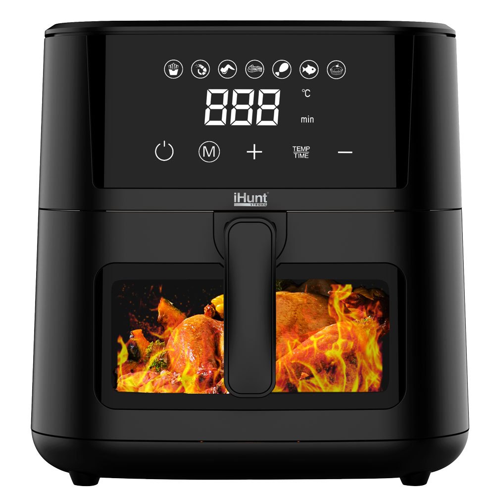 Hunt Bro Air Fryer Ultra 4.2L, 1200W, with 60-Min Timer, Adjustable Thermostat (80–200°C), Viewing Window, Auto Shut-Off, Overheat Protection, Stainless Steel, 33 x 24.5cm, Black