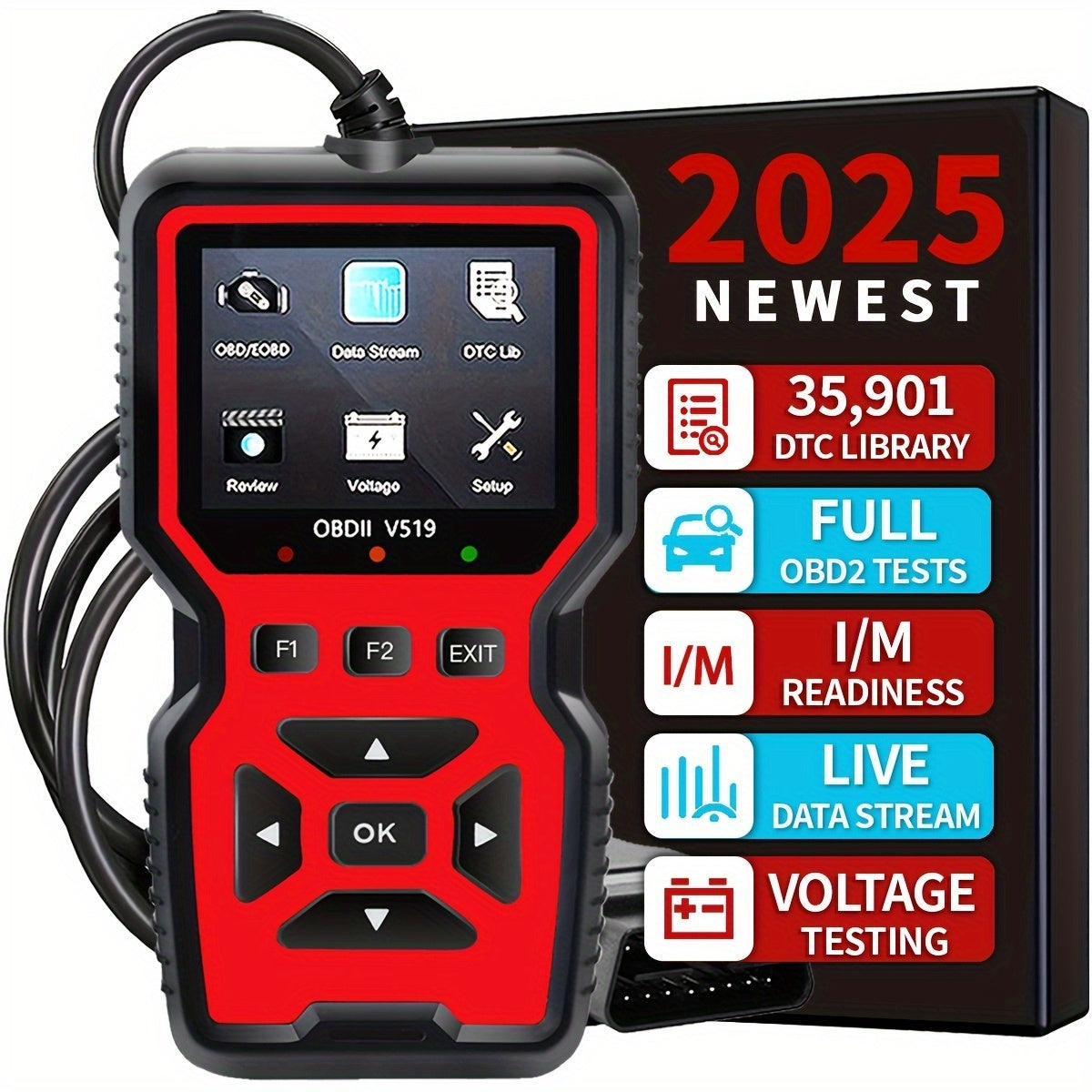 Professional OBD2 Car Scanner Diagnostic Tool - Suitable for Reading Vehicle Codes, Clearing Fault Codes, 35901 Trouble Code Library, Real-Time Data Stream, Oxygen Sensor Tester, Battery Voltage Reading, Mode 6/8 Detection