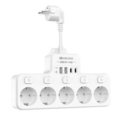 A 9-In-1 Power Strip with USB, Featuring 5 EU Sockets with Individual And Master Switches, 2 USB-A And 2 USB-C Ports, Flexible Cable Sockets, Wall-Mounted Design, Suitable for Home, Kitchen, Office, And Travel.