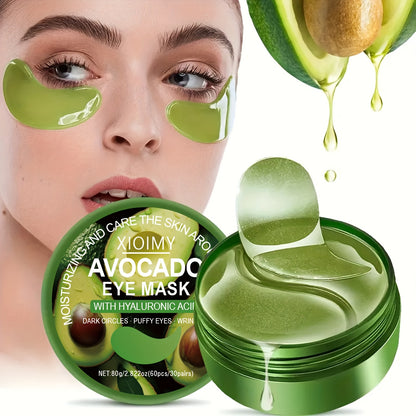60pcs Avocado & Hyaluronic Acid Eye Masks - Intense Hydration & Brightening, Puffiness Reduction, Dark Circles & Wrinkles, Hypoallergenic for All Light Beige Types, Unisex Skincare, Avocado Eye Mask, Sleek Packaging, Natural