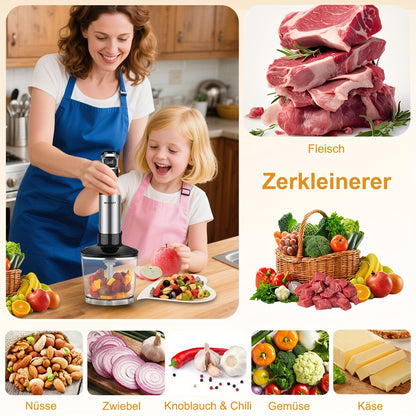 Liquidificador de Imersão Portátil 6 em 1 - Liquidificador em Aço Inoxidável com 5 Velocidades, Processador, Batedor e Espumador de Leite para Carnes, Puré de Batata e Papinhas de Bebé