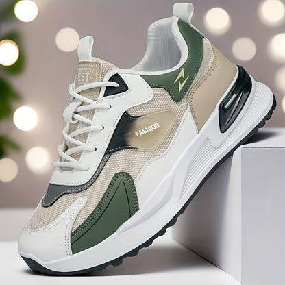 Ténis moderno e robusto para homem - Ténis estilo "dad shoes" em malha respirável com palmilha almofadada, ideal para todas as estações, em verde e bege. Perfeito para caminhadas, corridas e uso diário.