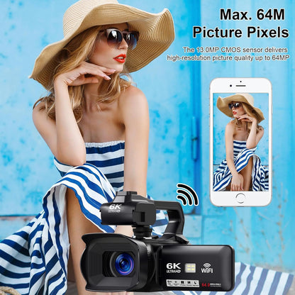 YISENCE 6K Camcorder Video Camera 64MP 18X Digital Zoom IR Night Vision Vlogging Camera for YouTube 10.16cm Touch Screen Digital Camera with WiFi, Microphone, Remote Control, Charger, Stabilizer and 64G SD Card