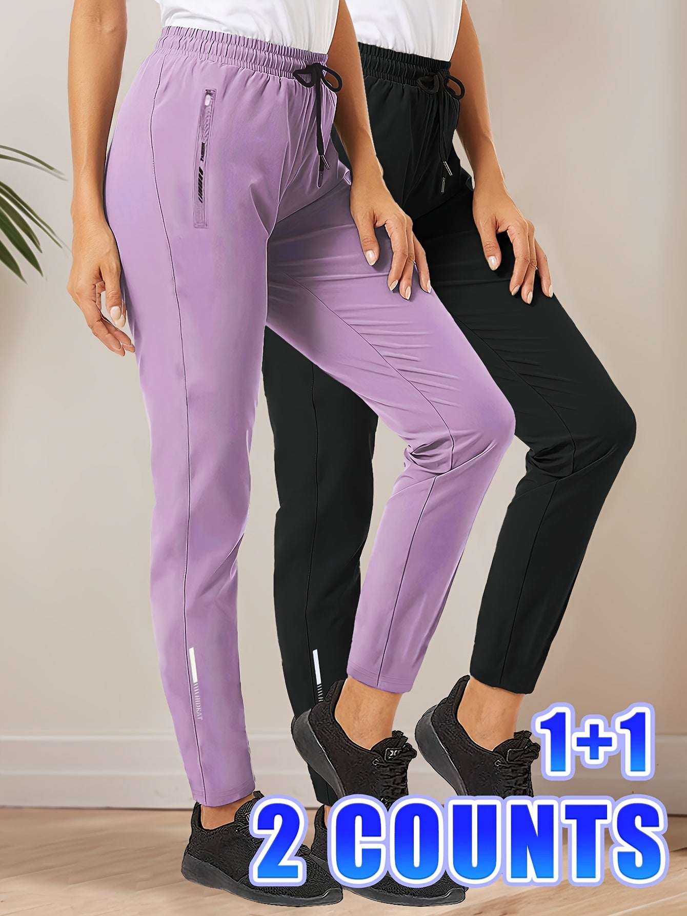 2pcs Women'S High-Waisted Stretchy Leggings with Drawstring Waist & Zipper Pockets - Lightweight Breathable Fabric for Jogging, Cycling, - All-Season Casual, Jogging Pants, Leggings, Sleek Design, Comfortable Fit