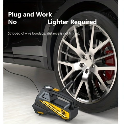 CaRSun Digital Tire Inflator, Portable Air Compressor Pump with LED Light for Cars, Motorcycles, Bicycles - DC 12V, 150 PSI, Black & Yellow Design, Plug-In Power Supply, No Battery Required, Bicycle Tire Inflator | Sleek Port