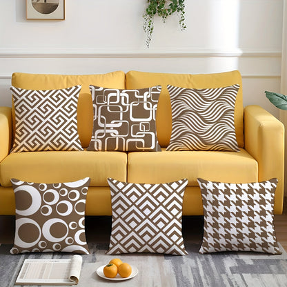 Conjunto de 6 fronhas com estampado geométrico de folhas verdes, impressão num dos lados, com 44,96 x 44,96 cm. Ideais para decoração de sala de estar, sofá e quarto. Não inclui enchimento.