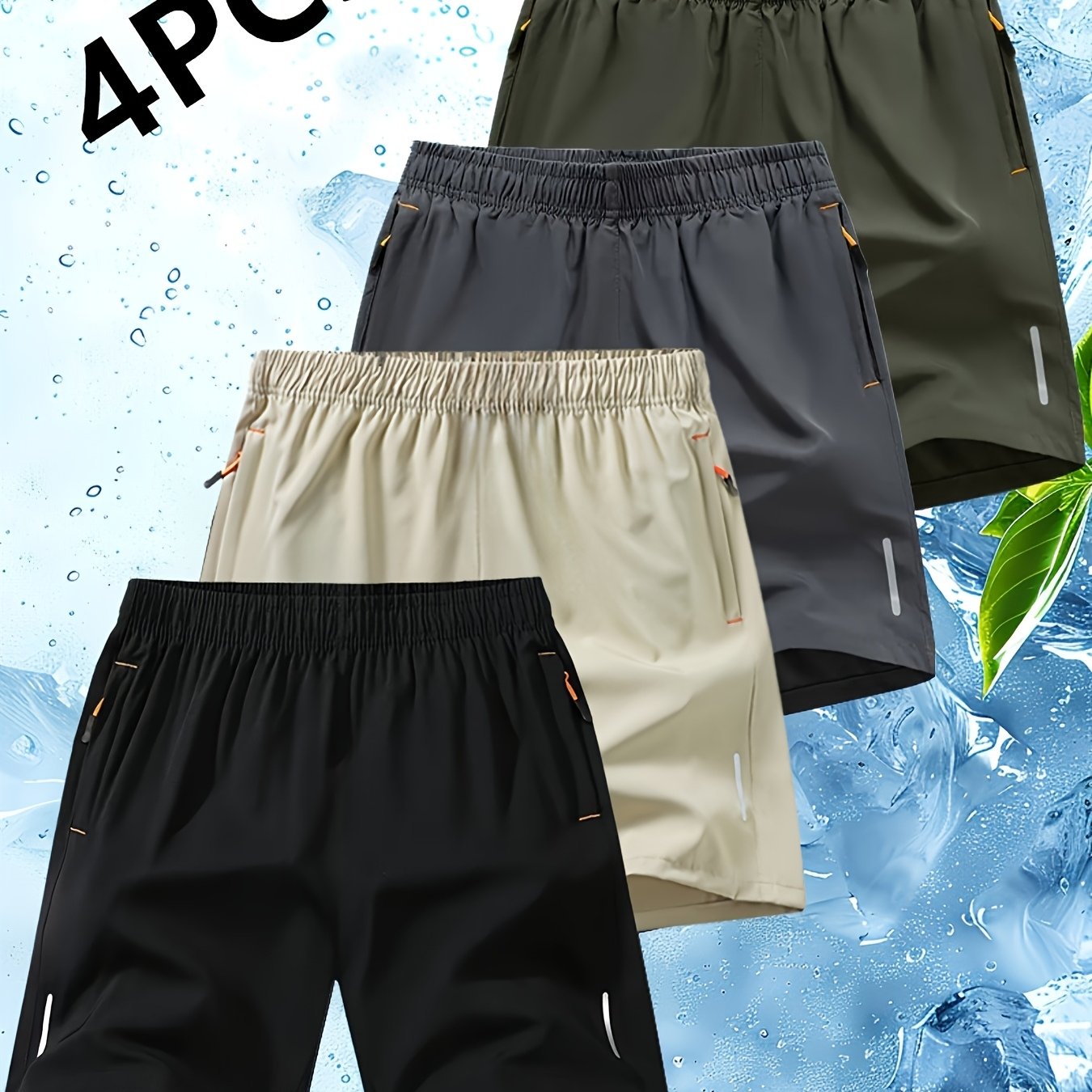 Conjunto de 4 calções desportivos para homem com riscas refletoras - Calções respiráveis ​​de secagem rápida para treinos de verão com bolsos, bege, azul marinho e preto. Calções para ténis e ginásio, design desportivo, tecido de secagem rápida.