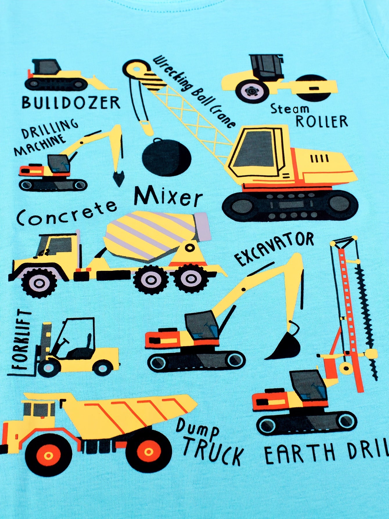 T-shirt de manga curta para criança em algodão com estampa de escavadora de desenho animado, respirável e moderna para o verão.