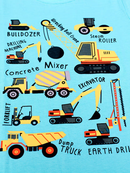 T-shirt de manga curta para criança em algodão com estampa de escavadora de desenho animado, respirável e moderna para o verão.