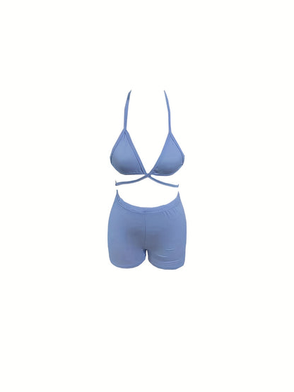 Sexy Solid Two-piece Set, Halter Neck Crop Top & Elastic Waist Shorts Outfits, Women's Clothing
