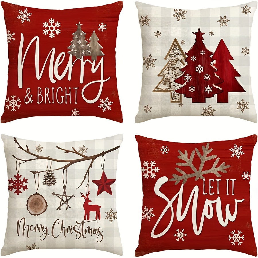 Conjunto de 4 capas de almofada Merry &amp; Bright Christmas Let It Snow com estampado xadrez buffalo e flocos de neve, além de árvores de Natal vermelhas para decoração de sofás e cadeirão.