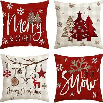 Conjunto de 4 capas de almofada Merry &amp; Bright Christmas Let It Snow com estampado xadrez buffalo e flocos de neve, além de árvores de Natal vermelhas para decoração de sofás e cadeirão.