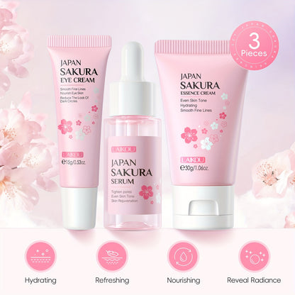 3pcs Set LAIKOU Japanese Cherry Blossom Skin Care Set 3 Piece Serum Liquid Eye Cream Face Cream Skin Care Kit Gifts
