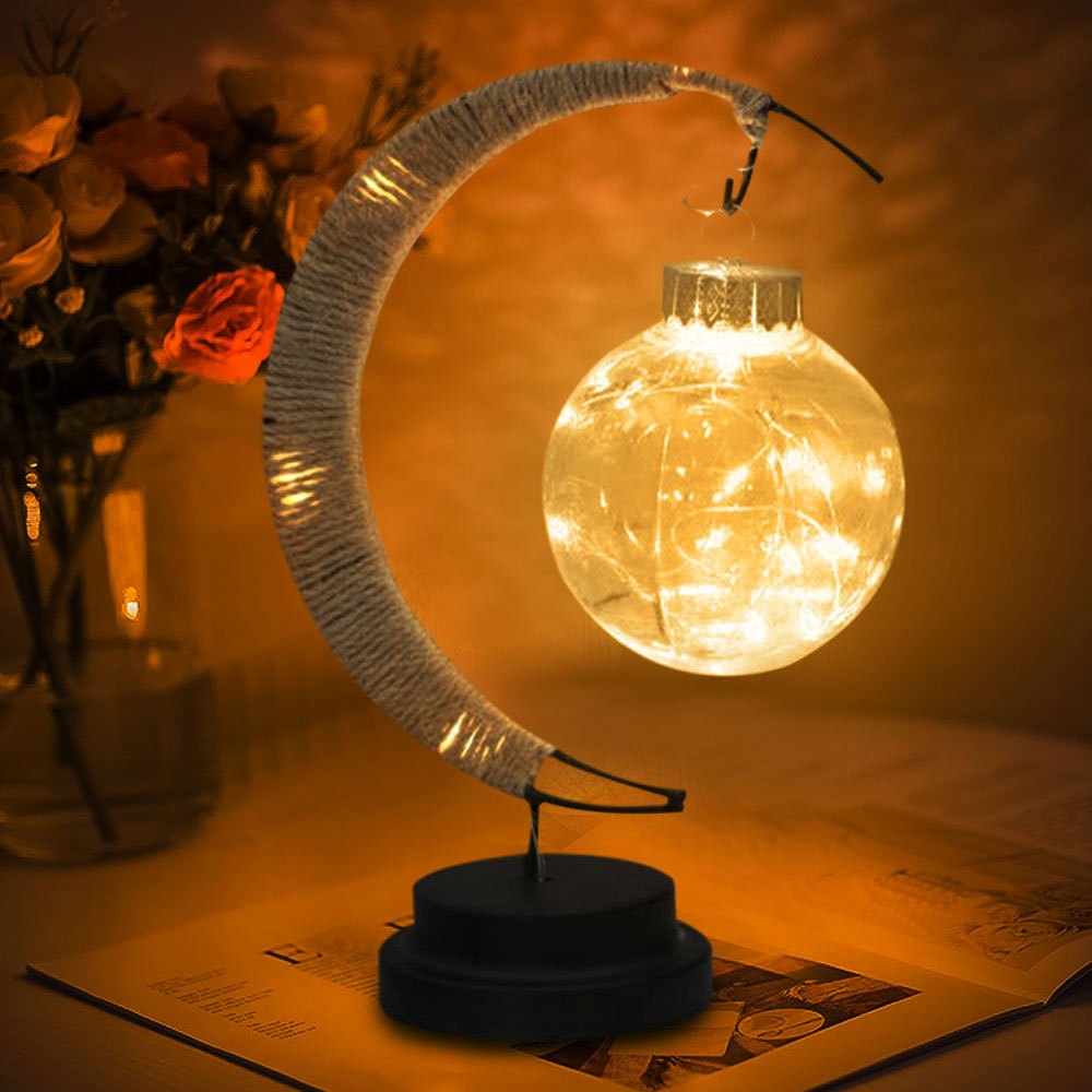 Candeeiro LED em forma de bola, candeeiro de lua em ferro forjado, candeeiro de mesa decorativo em plástico e ferro, candeeiro decorativo para quarto (pilhas não incluídas), decoração de Halloween e Natal para hotéis/restaurantes/eventos.