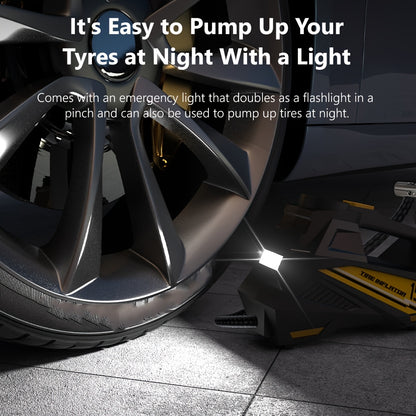 CaRSun Digital Tire Inflator, Portable Air Compressor Pump with LED Light for Cars, Motorcycles, Bicycles - DC 12V, 150 PSI, Black & Yellow Design, Plug-In Power Supply, No Battery Required, Bicycle Tire Inflator | Sleek Port