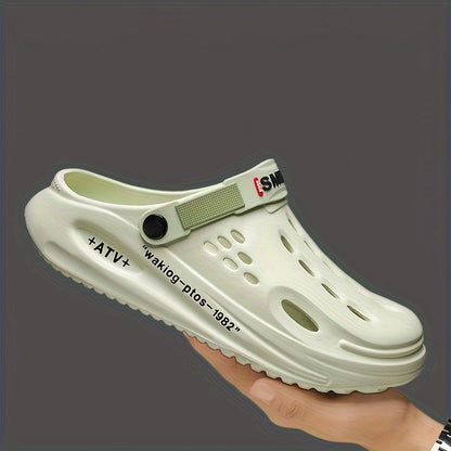 Tamancos modernos para homem com sola grossa em EVA e estampado de alfabeto - Modelo slip-on, respiráveis, ideais para jardinagem, com tira amarela segura e palmilha estampada com a inscrição "SMN WALKING PROS" para maior conforto ao ar livre.