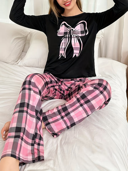 Autumn and Winter Women's Cartoon Plaid Bow Print Long Sleeve Top and Pants Casual Pajama Set, Loungewear Set, Bedtime Outfit, Playful Pajamas, Cute Sleepwear, Comfortable Fit, Soft Fabric, Matching Pajamas, Twopiece Set, Coz