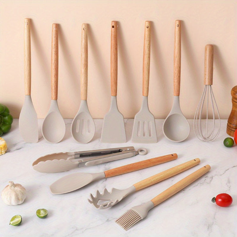 12pcs, Silicone Utensil Set, Khaki Kitchen Utensil Set With Wooden Handle, Safety Cooking Utensils Set, Non-Stick Kitchen Tools Set, Washable Modern Cookware, Kitchen Stuff, Kitchen Gadgets Kitchen Accessories