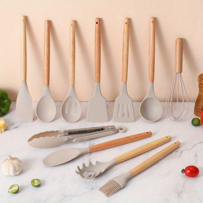 12pcs, Silicone Utensil Set, Khaki Kitchen Utensil Set With Wooden Handle, Safety Cooking Utensils Set, Non-Stick Kitchen Tools Set, Washable Modern Cookware, Kitchen Stuff, Kitchen Gadgets Kitchen Accessories