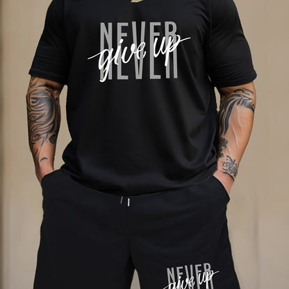Men's Fashion NEVER GIVE UP Letter Print Loungewear Set, Short Sleeve Crew Neck Graphic T-shirt & Drawstring Shorts With Pockets, Casual Pajama Set, Men's 2piece Outfits