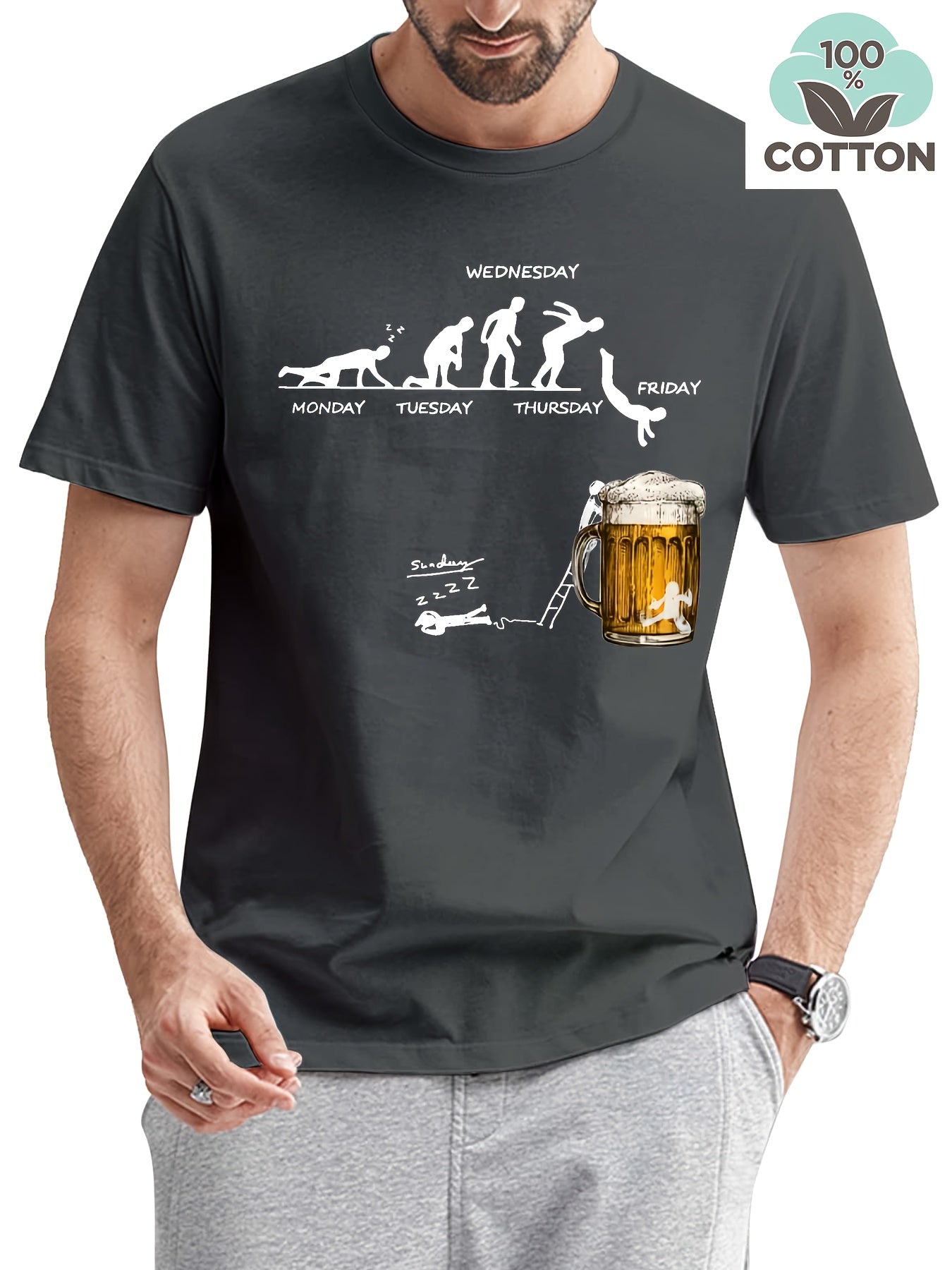 Men'S 100% Cotton Graphic T-Shirt - "Wednesday" Beer Mug Design, Casual Crew Neck, Short Sleeve, Regular Fit, 210g/㎡, Perfect for Barbecues & Parties, Party Tshirt | Playful Design | Durable Fabri