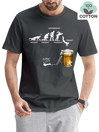 Men'S 100% Cotton Graphic T-Shirt - "Wednesday" Beer Mug Design, Casual Crew Neck, Short Sleeve, Regular Fit, 210g/㎡, Perfect for Barbecues & Parties, Party Tshirt | Playful Design | Durable Fabri