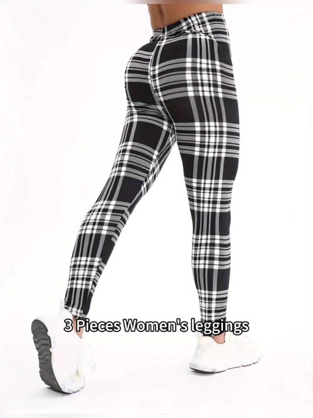 3 Packs Women'S Soft & Stretchy Tight Leggings - Black, White, and Red Plaid Patterns, High Waist, Elastic Waistband, Crop Length, Perfect for Fitness, and Casual Weekend Wear, Casual Wear Leggings|Plaid Pattern Leggings|Stre