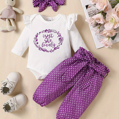 2pcs Baby Girl's Stylish Set, "Isn't She Lovely" Print Long Sleeve Onesie + Polka Dot Pants, Comfy Trendy Outfit