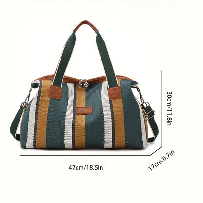 HUOHUO Women's Large Capacity Retro Striped Travel Handbag & Carry-On Luggage - Lightweight Nylon Suitcase with Adjustable Strap, Golden-Tone Hardware, Zipper Closure & Lining - Casual & Formal Use for Airplane, Train, Car Tr