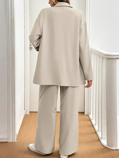 Autumn Top + Pants Set: Women's Solid Color Button-Up Shirt and Wide-Leg Flare Pants, Long Sleeve Outfit for Work Casual Wear