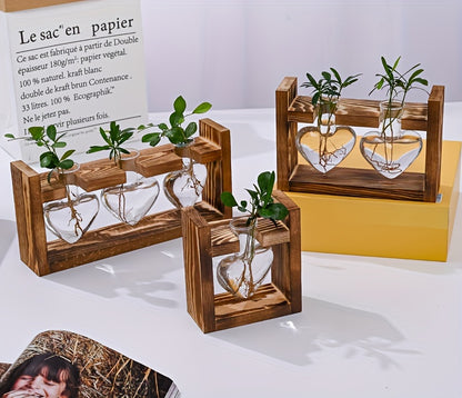 1 Pack, Hydroponic Plant Terrarium Love Heart Vase With Wooden Stand, Indoor Hydroponic Plant Propagation Station For Home Office Garden Decoration, Gift For Flower Pot Lovers